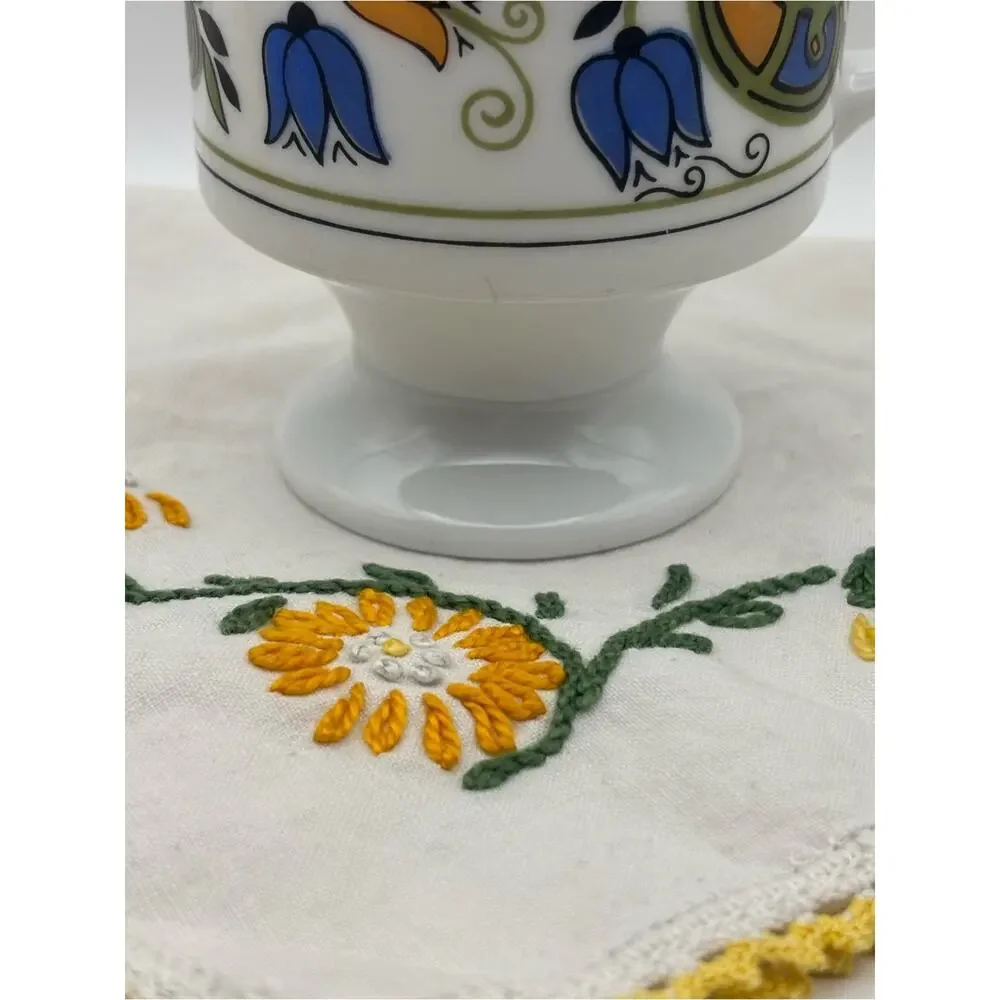 Vintage 1970s Pedestal Mug with Floral Design, Blue and Orange Coffee Cup